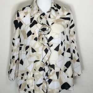 Geometric Semi-Sheer Ruffle Front Bell Sleeve Top